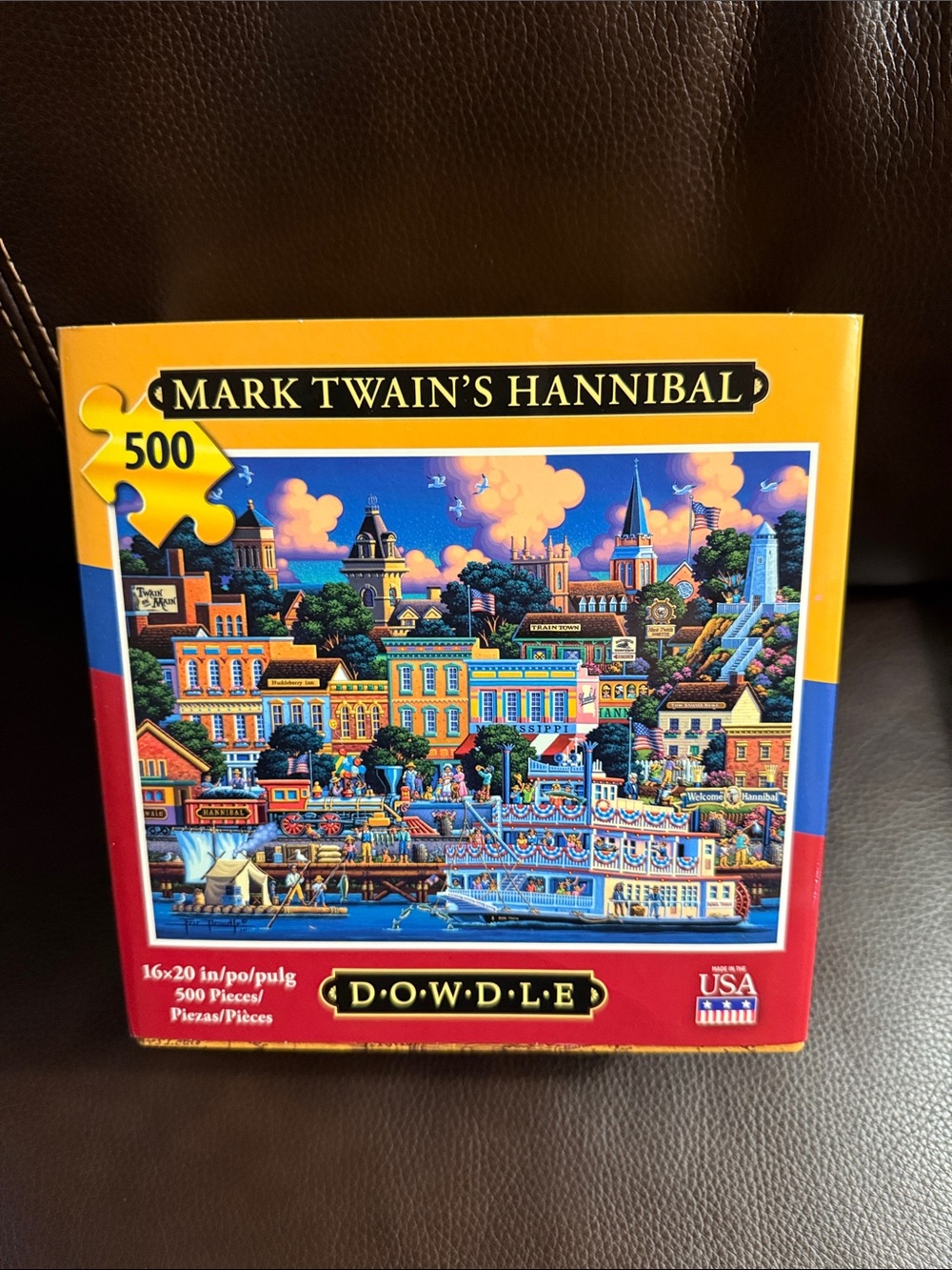 "Mark Twain's Hannibal" 500-piece jigsaw puzzle by Dowdle Folk Art. Has poster